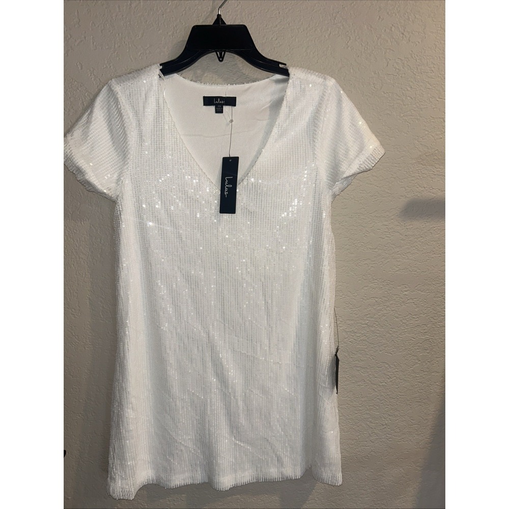 Lulus Women's White Sequin V-Neck Mini Dress Size XS Short Sleeve Lined New